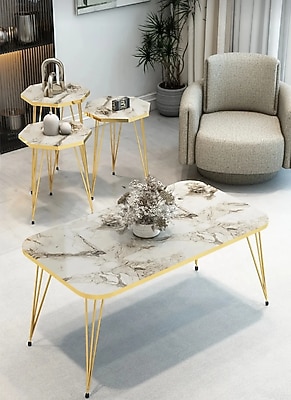 Zigon Sehpa ve Orta Sehpa Takımı – Modern Gold Metal Ayaklı Şık Sekizgen Salon Sehpa Seti