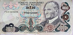 13 adet eski kağıt para 1000'er lira