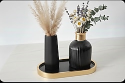 Siyah Gold Detaylı Çizgili 3'lü Vazo ve Tepsi Seti