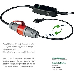 Viego Taşınabilir Elektrikli Araç Şarj Cihazı: 11/22KW Tip 2 16/32 Amper, Dönüştürücü Fiş Hediyeli 5 mt