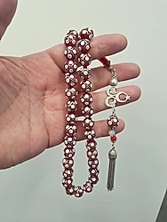 Gümüş işlemeli Ateş Kehribar Tesbih