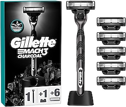 Gillette Mach 3 Charcoal Tıraş Makinesi + 6 Up Yedek Tıraş Bıçağı + Premium Stand