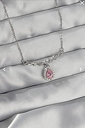 316L Çelik Gümüş Renk Pembe Zirkon Taşlı Damla Kolye