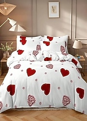 Beyaz Üzerine Kırmızı Kalp Desenli çift kişilik Nevresim Takımı çarşaflı