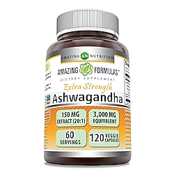 Amazing Formulas Ashwagandha Hint Ginseng Extract Supplement | 3000 Mg Per Serving | 120 Veggie Caps