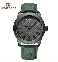 Navıforce NF9202 Erkek Kuvars, Spor Stili, Yuvarlak Alaşım Kasa, Deri Kayış Saat Siyah Yeşil