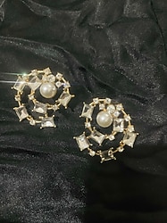 Taşlı incili şık Çelik  küpe