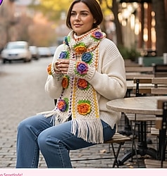 Gül motıflı atkı eldıven takım