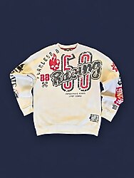 Fearless 88 Racing pullover. Krem tonu, baskılı kollar, rahat ve şık.