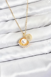 316L Çelik Zincir Gold Renk İncili Deniz Kabuğu Model Zirkon Taşlı Kadın Kolye