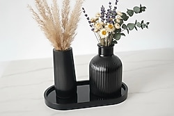 Siyah Çizgili 3'lü Vazo ve Tepsi Epoksi Seti