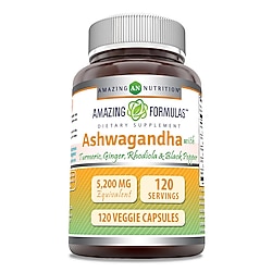 Amazing Formulas Ashwagandha Turmeric, Ginger, Rhodioa, & Black Pepper 5200 Mg Per Serving 120 Veggie Caps