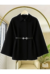 Kadın Siyah Kemer Detaylı Kaşe Panço