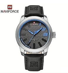 Navıforce NF9202 Erkek Kuvars, Spor Stili, Yuvarlak Alaşım Kasa, Deri Kayış Saat Siyah Mavi