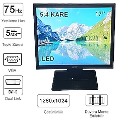 ACER V176L 17" LED Kare Monitör VGA DVI-D Girişli 1280 x 1024 75Hz 2. El Temiz 3 Ay Garantili