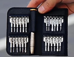 25 Parça Tornavida Tamir Seti, Deri Cüzdan Kılıflı, Bilgisayar, Telefon ve Saat Tamir Kiti