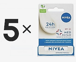 5 ADET x NIVEA Med Repair Dudak Bakım Kremi, 24 Saat Nem,Doğal Yağlar ile Çatlamış Dudak Bakım,SPF 15 (4,8 ml)