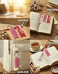 2'si 1 Arada: Pembe Epoksi Kitap Ayracı & Anahtarlık Seti