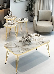 Zigon Sehpa ve Orta Sehpa Takımı – Modern Gold Metal Ayaklı Şık Sekizgen Salon Sehpa Seti