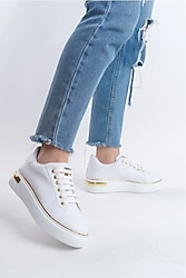 MINA Bağcıklı Ortopedik Taban Kadın Sneaker Spor Ayakkabı  CBT - Beyaz/Altın - XML Bayilik ve Dropshipping MINA Bağcıklı
