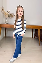 Çizgi Desenli Kız Çocuk Mavi Renk Takım