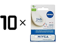 10 ADET x NIVEA Med Repair Dudak Bakım Kremi, 24 Saat Nem,Doğal Yağlar ile Çatlamış Dudak Bakım,SPF 15 (4,8 ml)