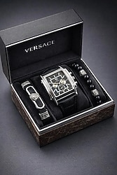 Versace Set Siyah Kadran Gümüş Kasa Erkek Saat + Bileklik + Kolye