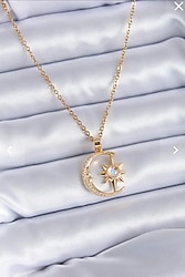 316L Çelik Gold Renk Zirkon Taşlı Ay Yıldız Model Kadın Kolye